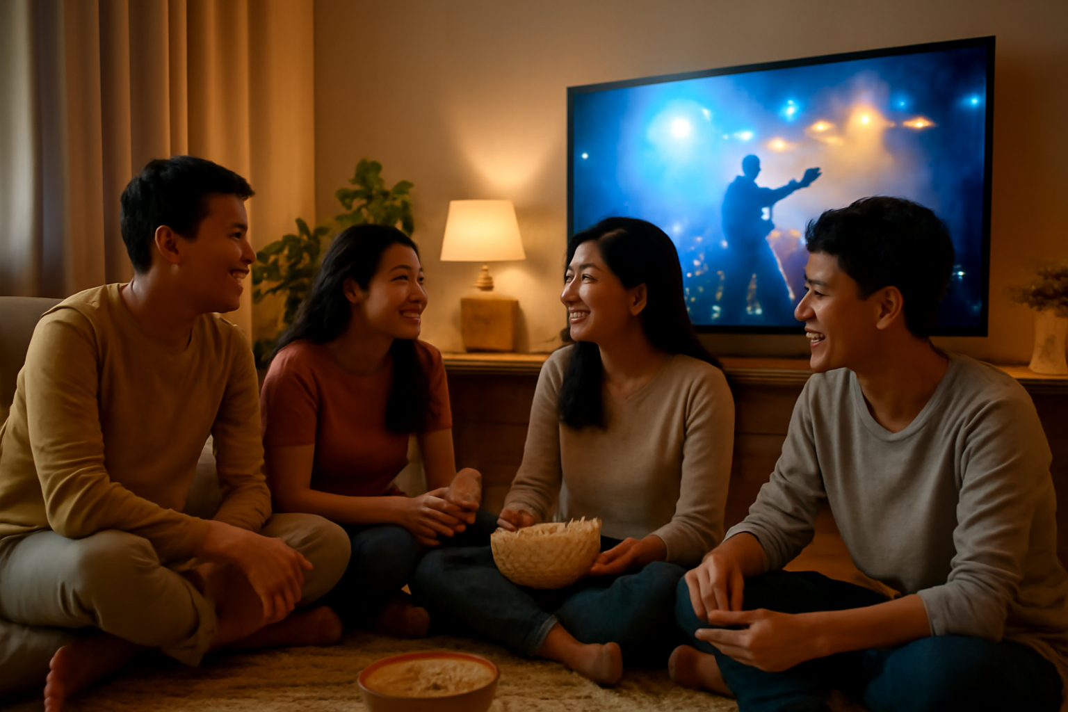 Teman-teman menonton film konser sambil ngobrol di ruang tamu
