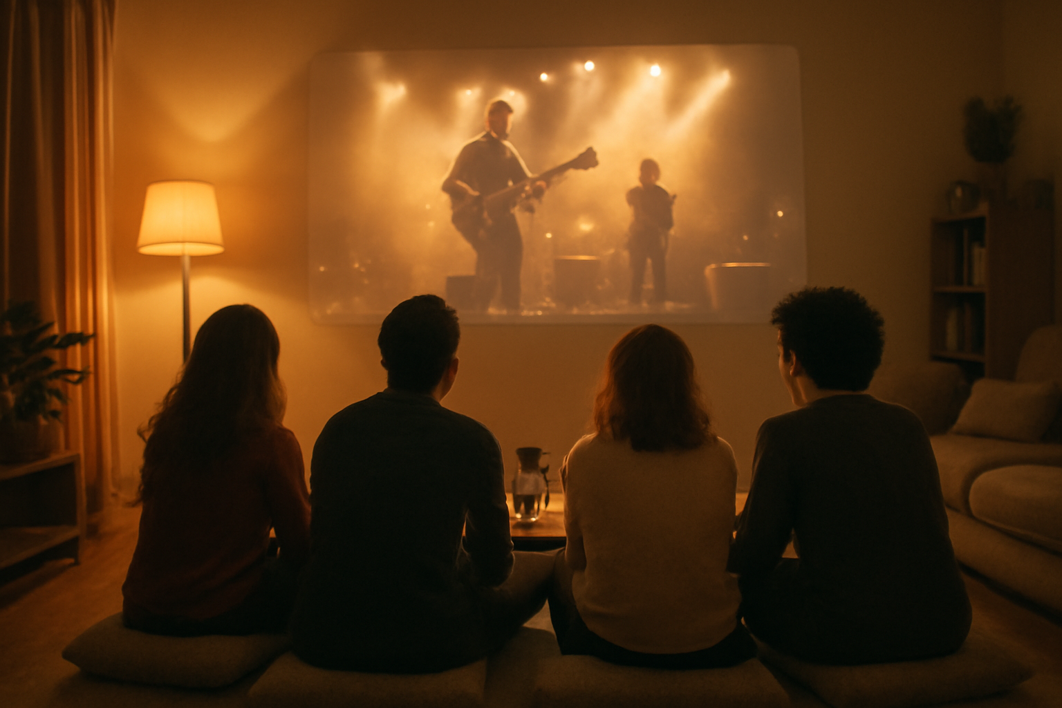 Sekelompok teman menonton film konser bersama di ruang tamu dengan proyektor