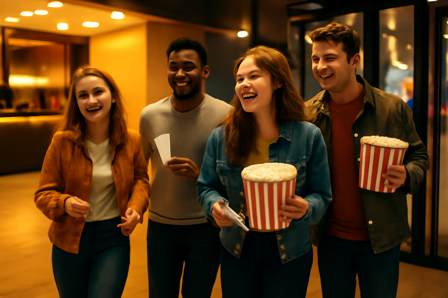 Sekelompok teman bersemangat memasuki lobi bioskop modern sambil memegang tiket dan popcorn.