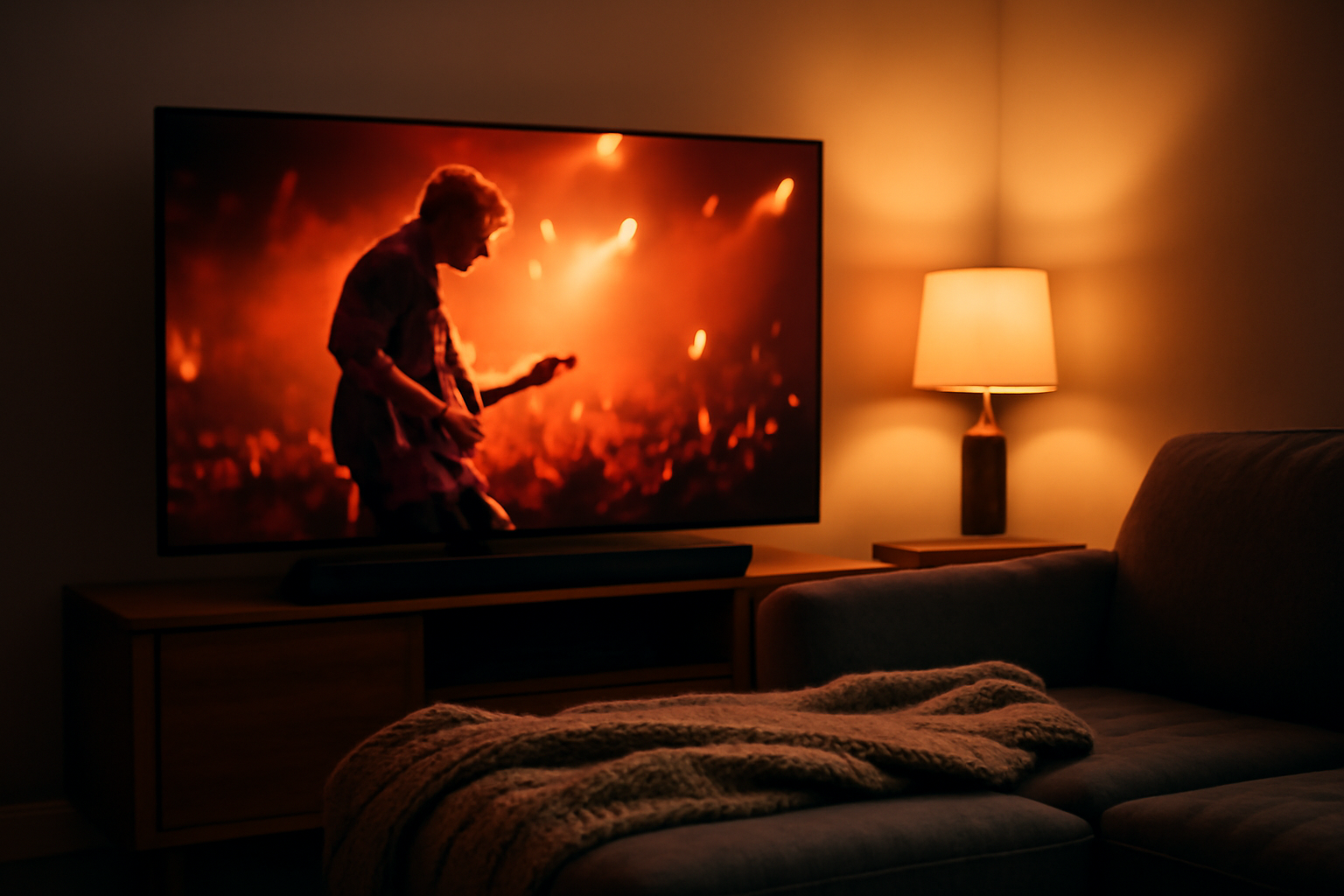 Ruang tamu dengan TV menampilkan film konser dan soundbar di bawah layar
