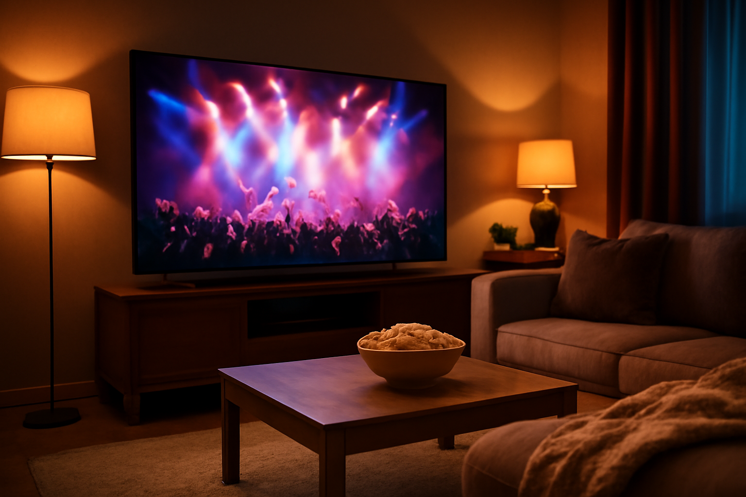 Ruang tamu nyaman dengan TV menampilkan konser musik untuk ditonton sendiri