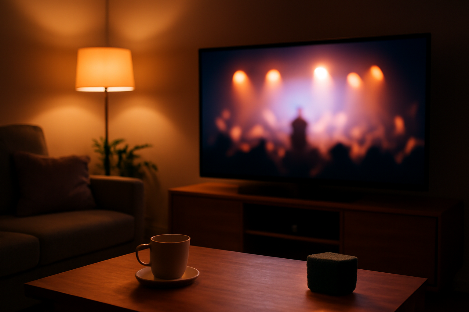 Ruangan rumah dengan TV menampilkan film konser dan lampu hangat untuk suasana menonton