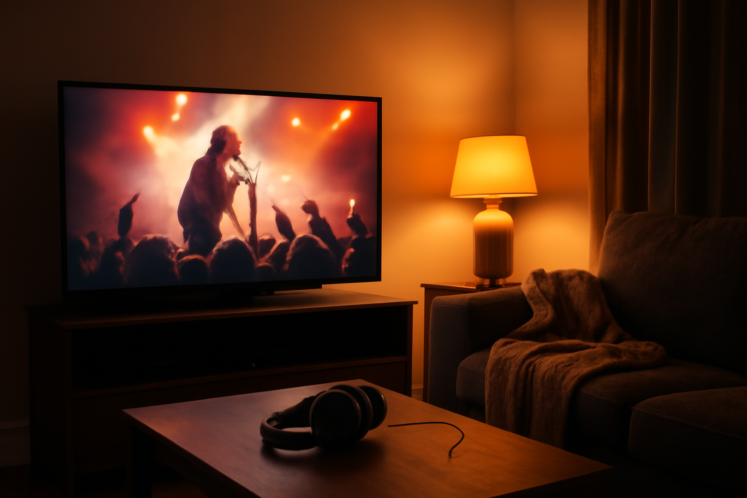 Ruang keluarga dengan televisi menampilkan film konser dan headphone di meja