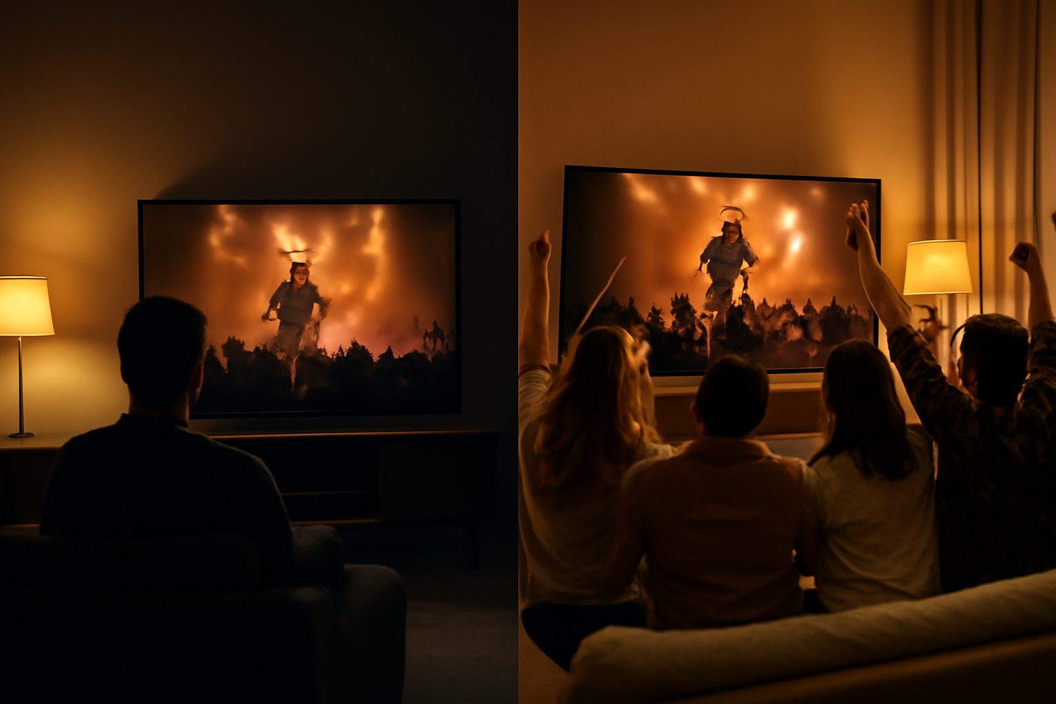 Perbandingan menonton film konser sendirian versus bersama teman di ruang keluarga.