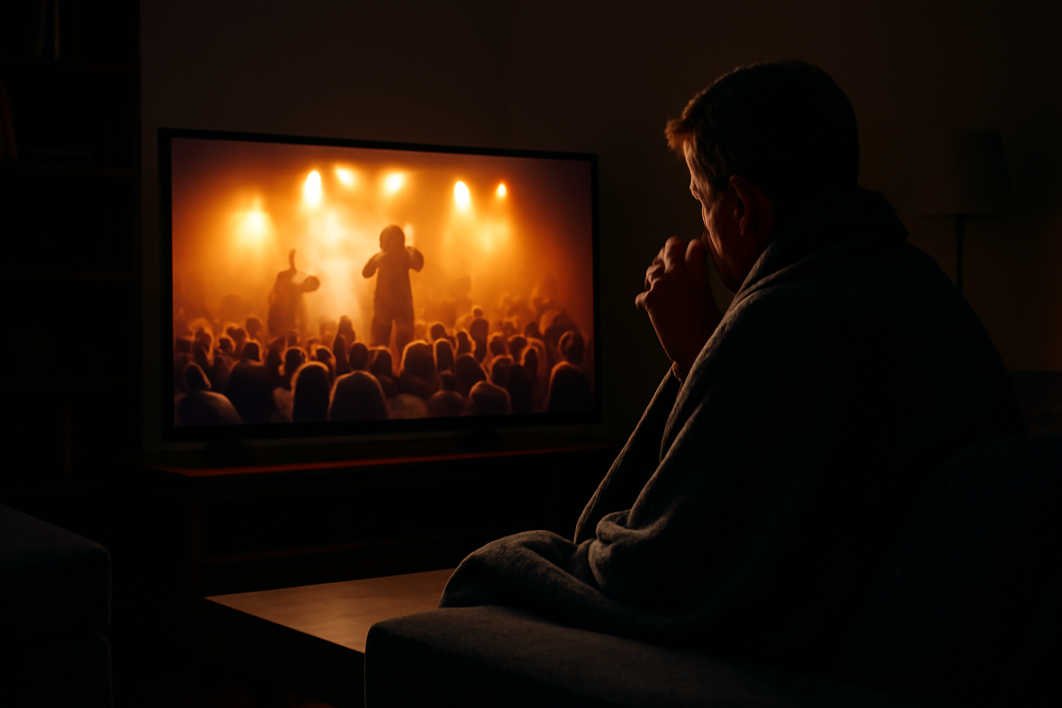 Seseorang menonton film konser di ruang tamu dengan lampu redup dan tisu di tangan