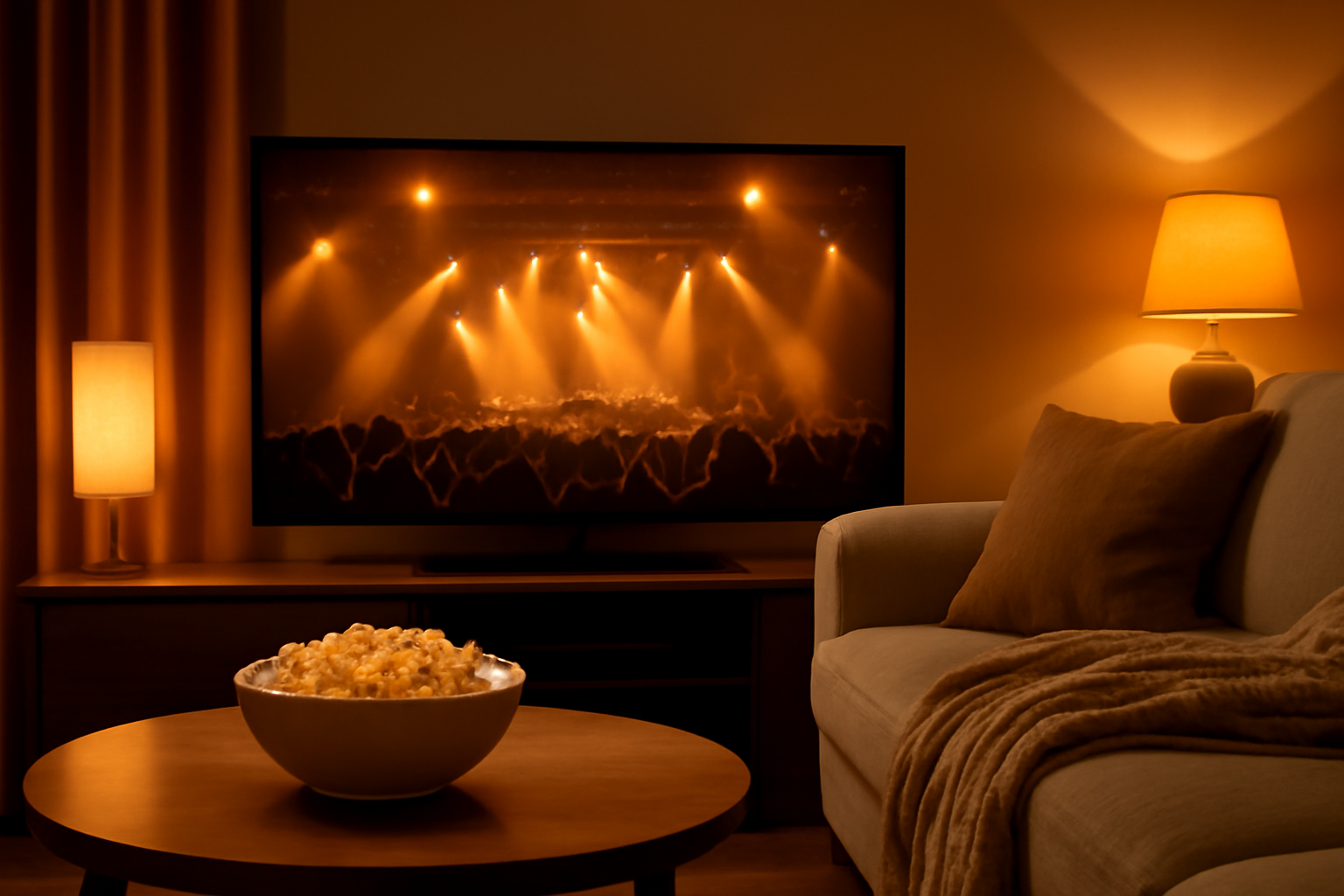 Suasana ruangan nyaman untuk menonton film konser di rumah dengan TV besar dan camilan.