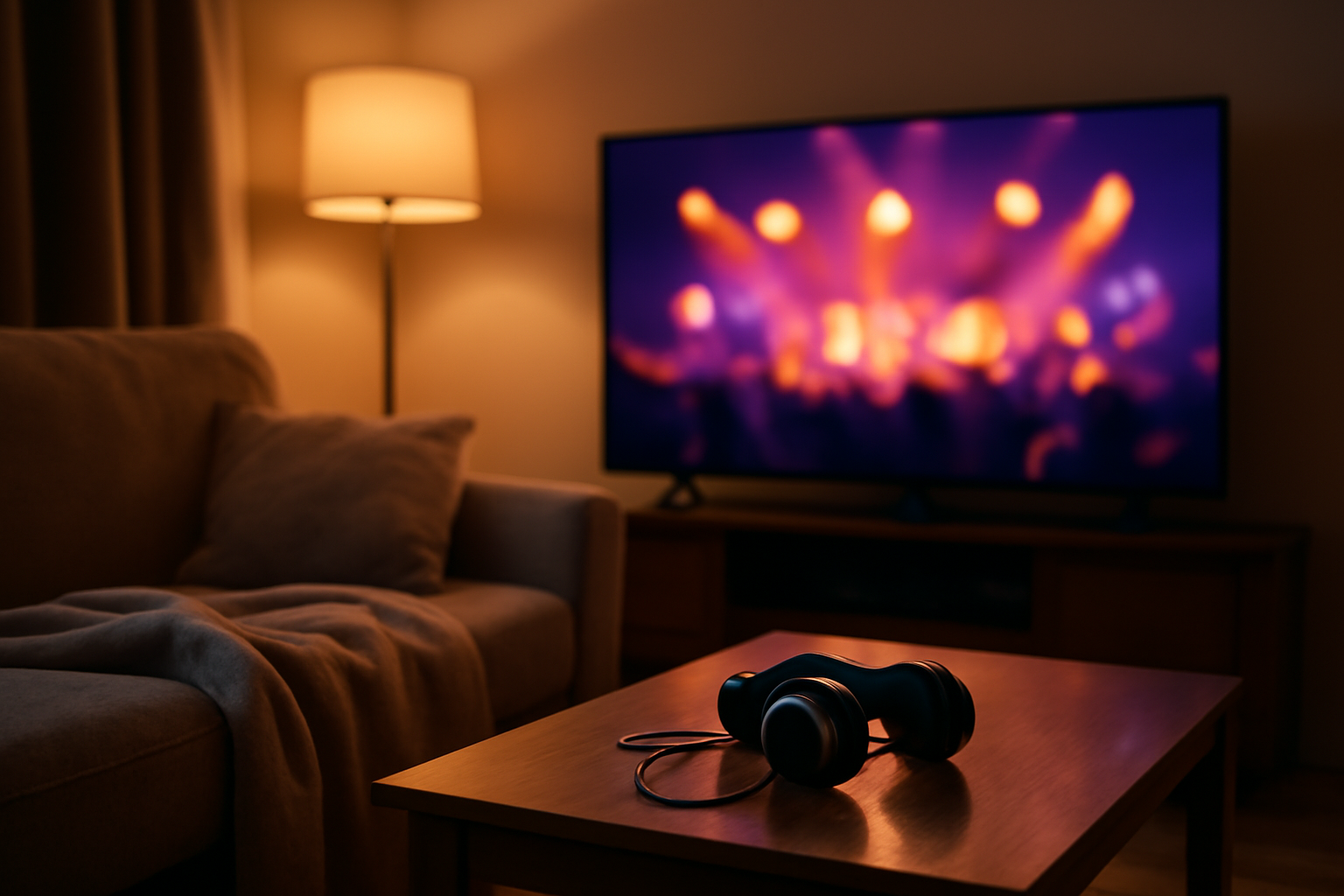 Ruang tamu malam hari dengan televisi menyala menampilkan konser musik untuk ditonton